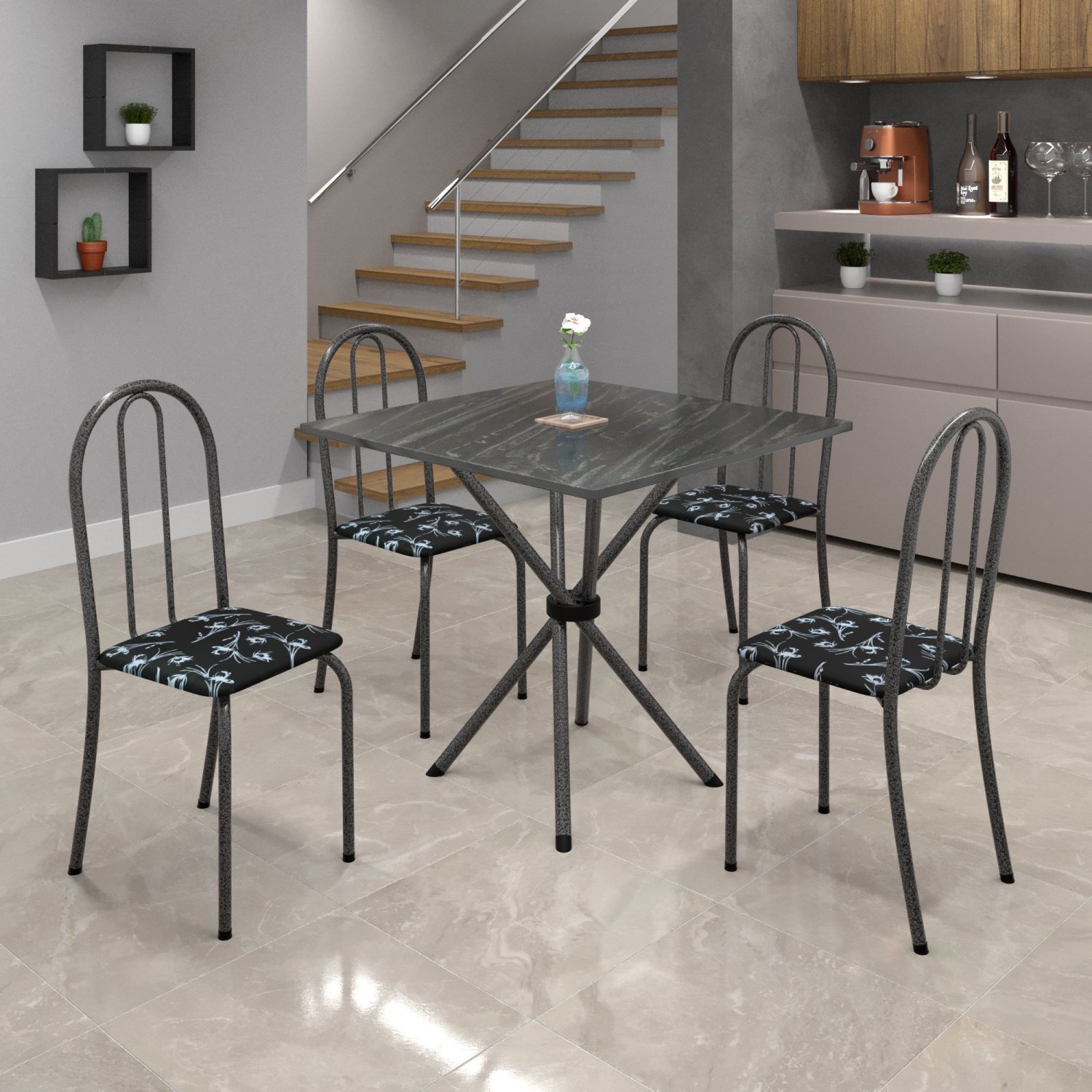 Conjunto de Mesa Tubular 70x70cm Tampo em Ardósia com 4 Cadeiras Ane B 