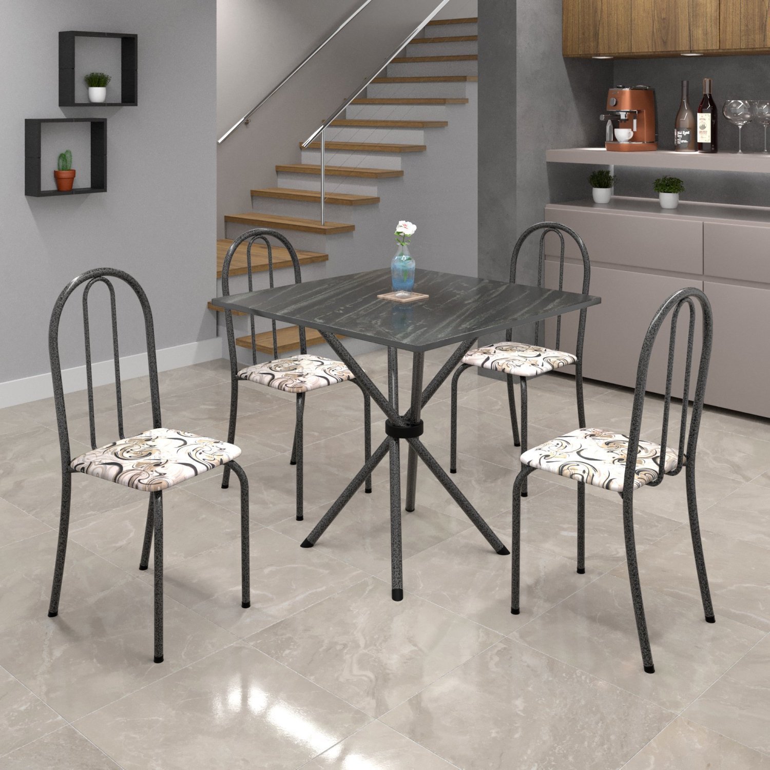 Conjunto de Mesa Tubular 70x70cm Tampo em Ardósia com 4 Cadeiras Ane B  - 1