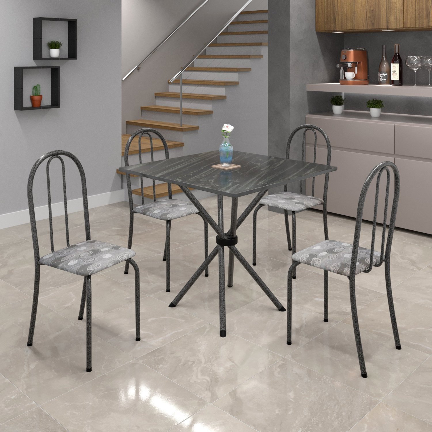 Conjunto de Mesa Tubular 70x70cm Tampo em Ardósia com 4 Cadeiras Ane B  - 1