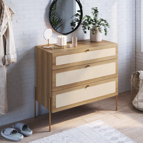 Cômoda 3 Gavetas Palhinha Pé Metal Dourado Oslo Marrom/Hanover