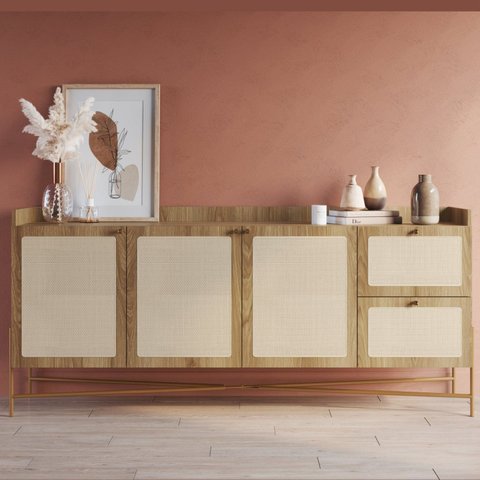 Buffet Aparador 3 Portas 2 Gavetas Palhinha Pé Metal Dourado Oslo Marrom/Hanover