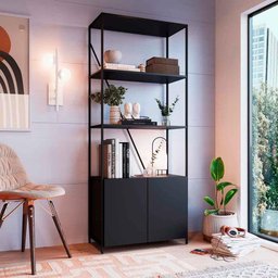 Estante para Livros Industrial com 2 Portas e 3 Prateleiras Preto - 1