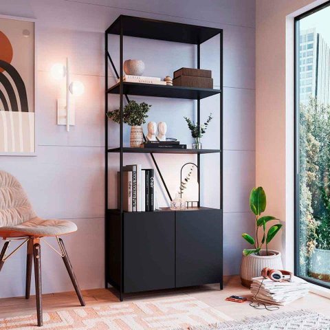 Estante para Livros Industrial com 2 Portas e 3 Prateleiras Preto