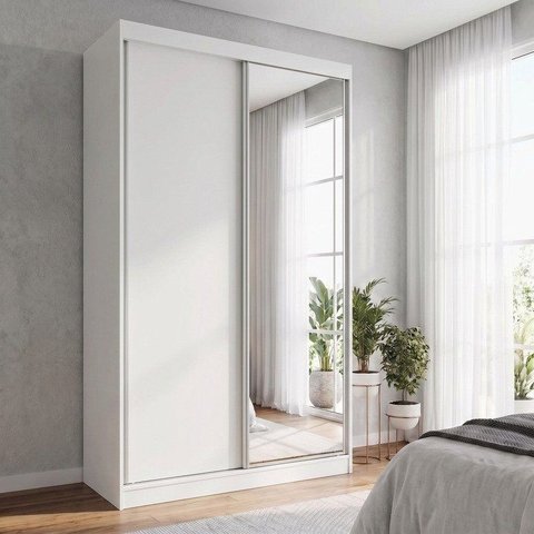 Guarda Roupa Solteiro 2 Portas de Correr 2 Gavetas 1 Espelho 100% MDF Foscarini Branco