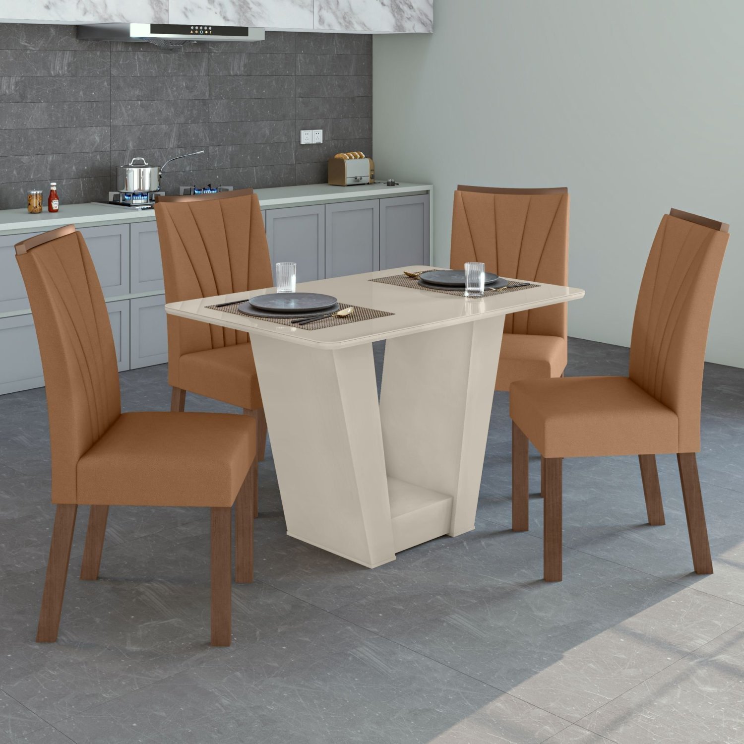 Conjunto Sala de Jantar Mesa 120x80cm Tampo MDF/Vidro 4 Cadeiras Apogeu Móveis Lopas - 1