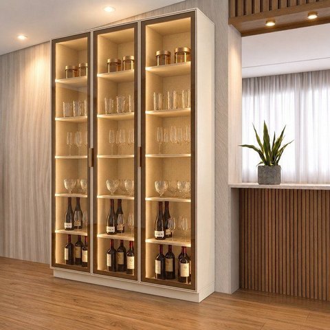 Cristaleira 150cm 3 Portas com LED e Vidro Reflecta Temperado 100% MDF Fineze Bege/Areia HP