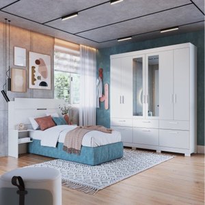 Quarto de Solteiro 2 Peças Guarda Roupa com Espelho e Cabeceira Fabi Espresso Móveis