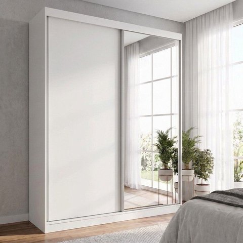 Guarda Roupa Solteiro 2 Portas de Correr 2 Gavetas 1 Espelho 100% MDF Foscarini Branco
