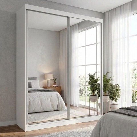 Guarda-Roupa Solteiro com Espelho 100% MDF 2 Portas de Correr 2 Gavetas Foscarini Branco