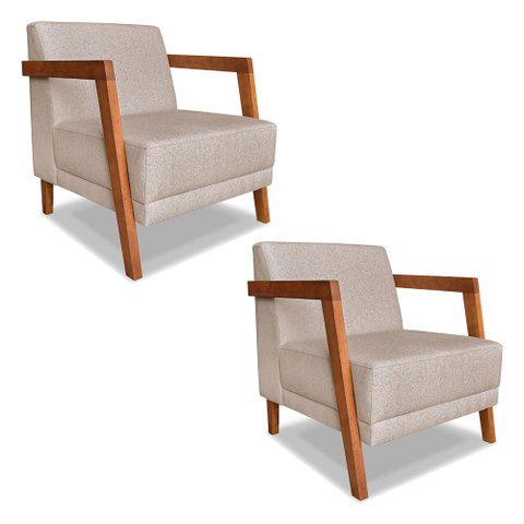 Kit 02 Poltronas Decorativa Natália Linho Base em Madeira Castanho - Pallazio