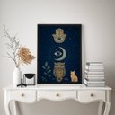 Ver imagem 2 de Quadro Mistico Hamsa Lua Coruja Gato 24x18cm:moldura Preta