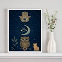 Ver imagem 1 de Quadro Mistico Hamsa Lua Coruja Gato 24x18cm:moldura Preta