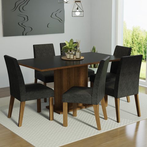 Conjunto Sala de Jantar Mesa Tampo de Madeira 6 Cadeiras Rustic/preto/oxford Renata Madesa