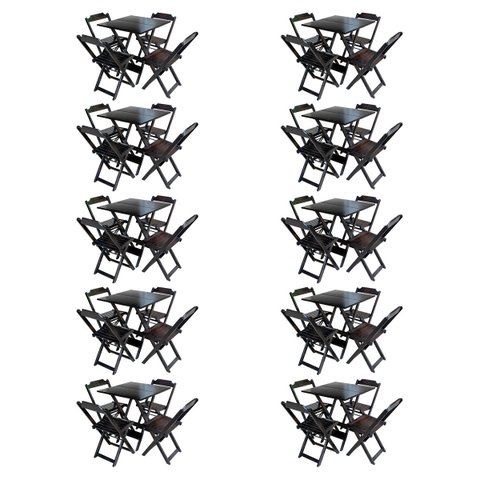 Kit 10 Conjuntos de Mesa com 4 Cadeiras de Madeira Dobrável 70x70 Tabaco