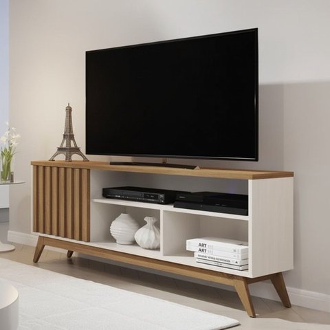 Rack Ripado Retrô para TV até 55 Polegadas 136cm Pés em Madeira Maciça Malbec Wood Bege