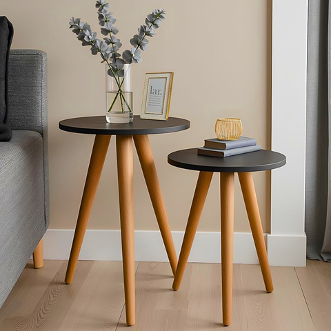 Jogo 2 Mesinha Lateral Redonda Moderna com Pé Palito Tripé Pequena Retrô Canto Sofá Cama Quarto Sala