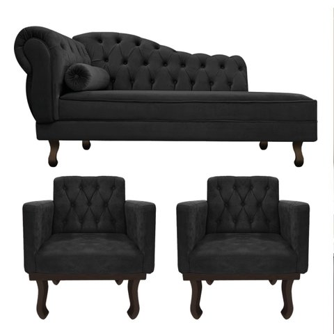 Kit Diva Recamier Diana 160cm Lado Direito e 02 Poltronas Classic Suede Preto - ADJ Decor