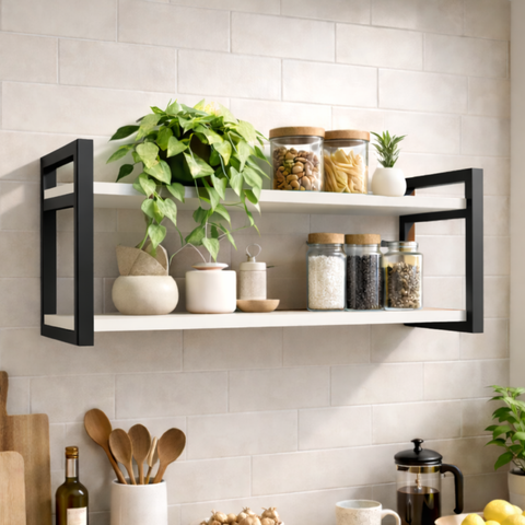 Prateleira Suspensa Parede Estilo Industrial Mdf Premium com Suportes em Aço Preto