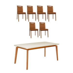 Mesa Jantar Luxo Jade 160x90cm Off White com 6 Cadeiras Estofadas em Couro Pu Caramelo Madeira Maciç