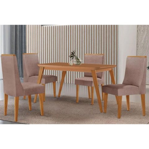 Sala Jantar Mesa Havana Tampo Curvo 120cm+4 Cadeiras Dakota Madeira Naturale - Capuccino/linho