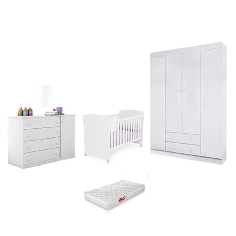 Jogo de Quarto Infantil MDP Maria Berço Mini Cama c/ Perfil Doce Sonho c/ Colchão + Roupeiro Cômoda