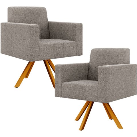 Kit 02 Poltronas Giratórias Sala de Estar Base de Madeira Helô L02 Bouclê Bege - Lyam Decor