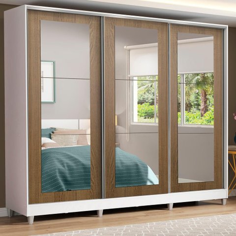 Guarda-roupa Casal Madesa 100% Mdf Eros 3 Portas de Correr de Espelho com Pés - Branco/rustic