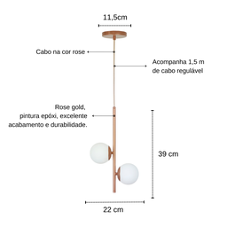 Lustre Pendente Jabuticaba /2 Globo de Vidro - Rose Gold - 3