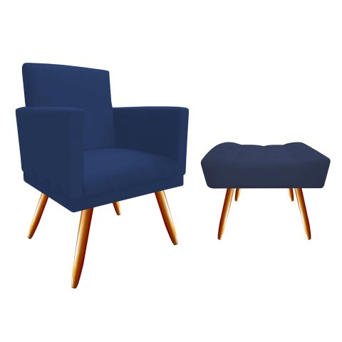 Kit Poltrona Decorativa Bia + Puff Retangular Suede Azul Marinho Pés Madeira Mz Decor