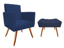 Ver imagem 1 de Kit Poltrona Decorativa Bia + Puff Retangular Suede Azul Marinho Pés Madeira Mz Decor
