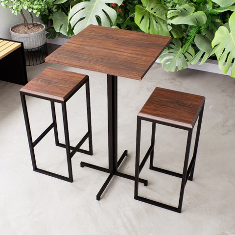 Conjunto Mesa Alta Bar Bistrô Quadrada Imbuia 2 Bancos Industrial Black Don Castro Decor Industrial 