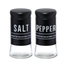 Conjunto Saleiro e Pimenteiro Vidro Preto com Nome Salt Pepper Cozinha Restaurante de Mesa - 1