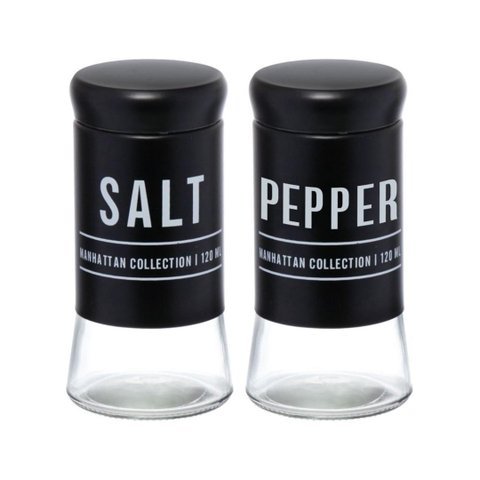 Conjunto Saleiro e Pimenteiro Vidro Preto com Nome Salt Pepper Cozinha Restaurante de Mesa