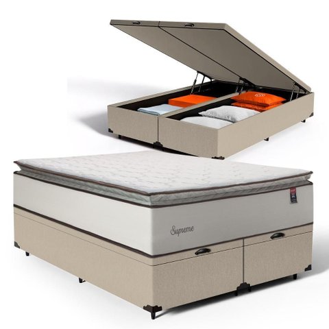 Cama Box Baú com Colchão de Molas Ensacadas Pillow Top Supreme Lux Queen 158cm