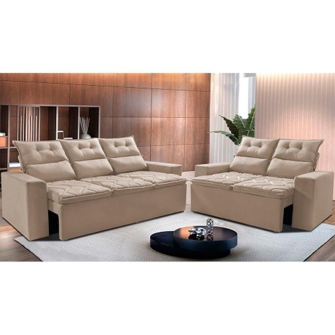 Conjunto de Sofá 3 e 2 Lugares Retrátil e Reclinável 2.00x1.50m Cama Inbox Smal Suede Bege