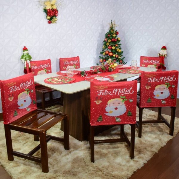 Kit 8 Presente Natal Capa Encosto Cadeira Noel Vermelho Luxo - 4