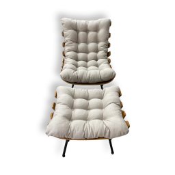 Poltrona Costela G2home + Puff Linho Bege Lâmina Madeira - 8