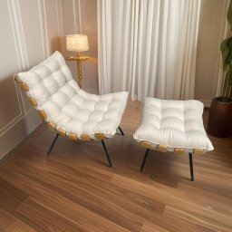 Poltrona Costela G2home + Puff Linho Bege Lâmina Madeira - 5
