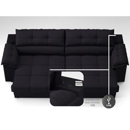 Sofá com Carregador Usb e Molas no Assento Retrátil Reclinável Mimo 2,00m Velosuede Preto - Netsofas - 6