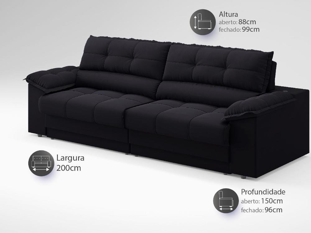 Sofá com Carregador Usb e Molas no Assento Retrátil Reclinável Mimo 2,00m Velosuede Preto - Netsofas - 2