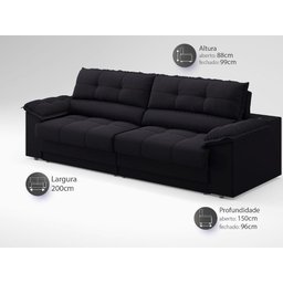Sofá com Carregador Usb e Molas no Assento Retrátil Reclinável Mimo 2,00m Velosuede Preto - Netsofas - 2