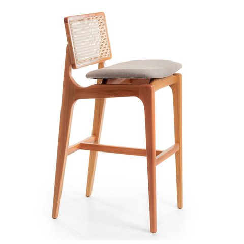 Banqueta Alta de Madeira Zaya Freijó Encosto Tela Sextavada e Assento Estofado