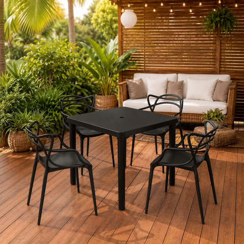 Mesa Quadrada 80x80 com 4 Cadeiras Allegra Preta em Polipropileno para Área Externa