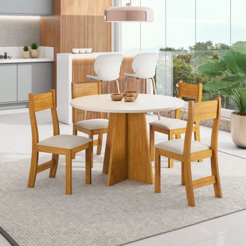 Conjunto Mesa Redonda 90x90 e 4 Cadeiras Mel/off White Slin Viero