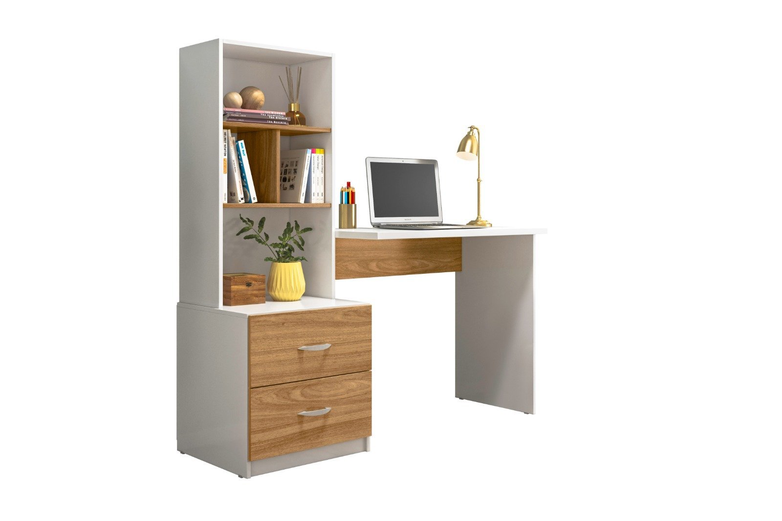 Escrivaninha Home Office com Prateleira Lateral Cor Branco Nature