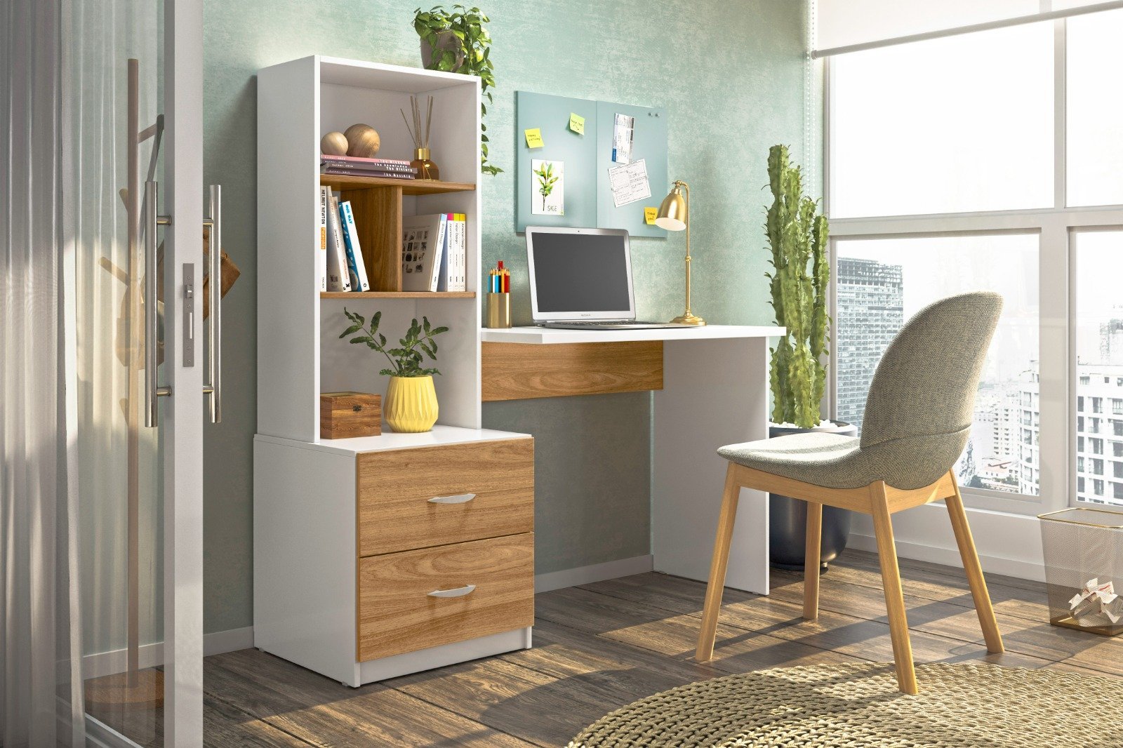 Escrivaninha Home Office com Prateleira Lateral Cor Branco Nature - 2