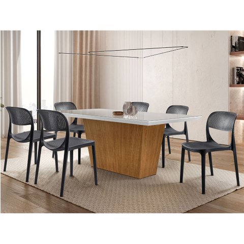 Conjunto Sala de Jantar Mesa Aida 180cm Mdf com Vidro com 6 Cadeiras Zoe Moderna Mobília