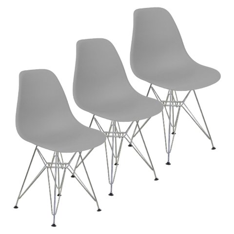 Kit 3 Cadeiras Charles Eames Eiffel Base Metal Cromado Cinza