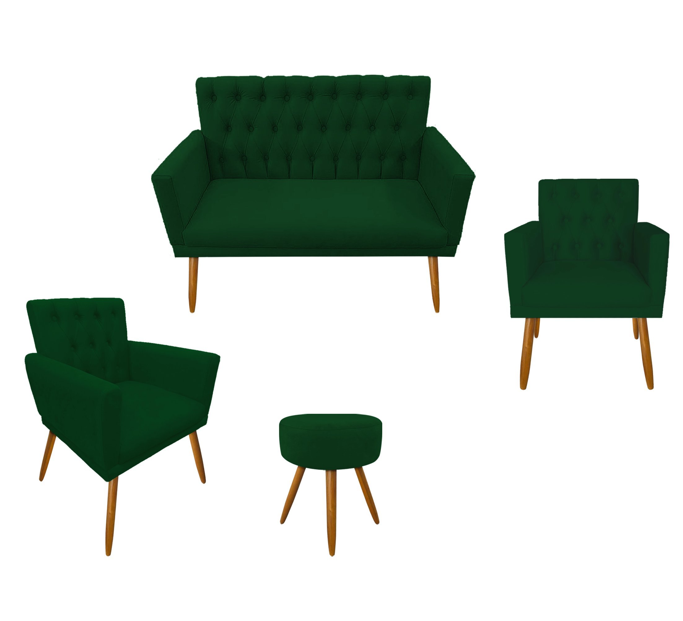 Conjunto 1 Namoradeira 2 Poltronas decorativa capitone com Puff:Verde