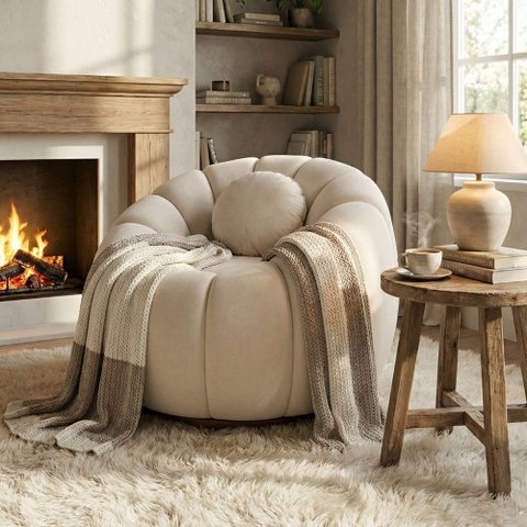 Poltrona Decorativa Concha c/Almofada Veludo Bege  -Vimont Moveis